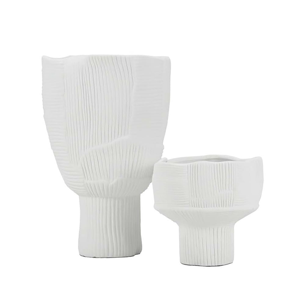 HMR - 2-Pieces Minimalist White Striped Flower Vases Set Resin Vase Decor Living Room Bedroom