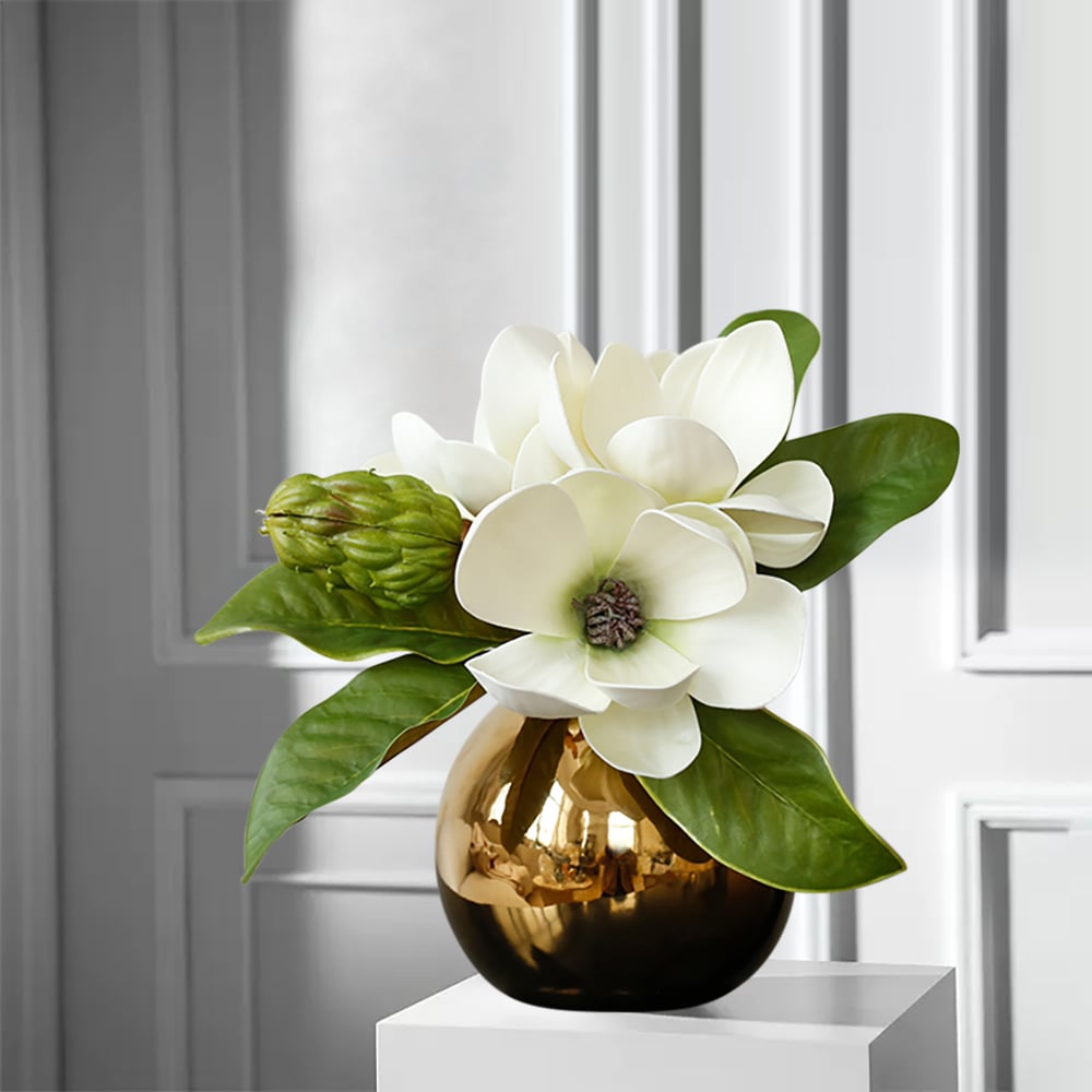 HMR - Fashionable Artificial Flowers in Vase Faux Magnolia Gold Glass Ball Vase Set