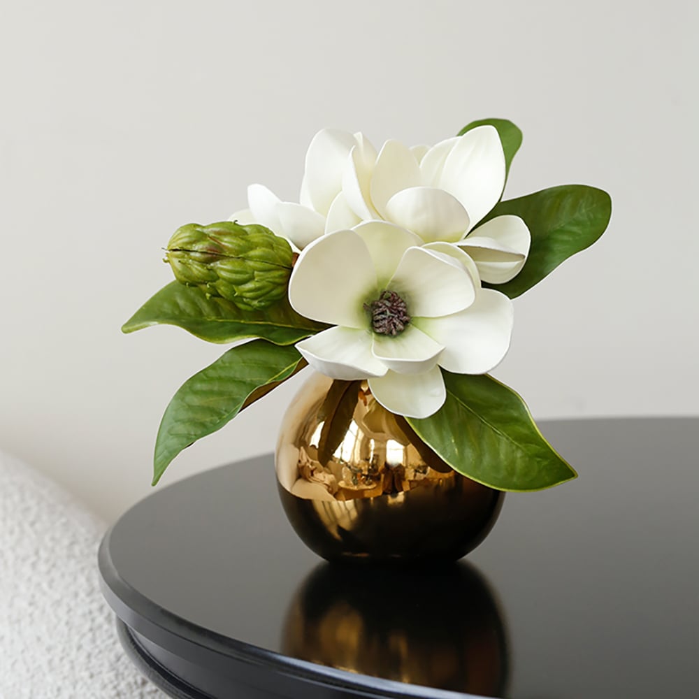 HMR - Fashionable Artificial Flowers in Vase Faux Magnolia Gold Glass Ball Vase Set