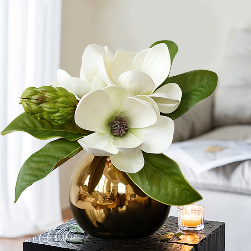 HMR - Fashionable Artificial Flowers in Vase Faux Magnolia Gold Glass Ball Vase Set