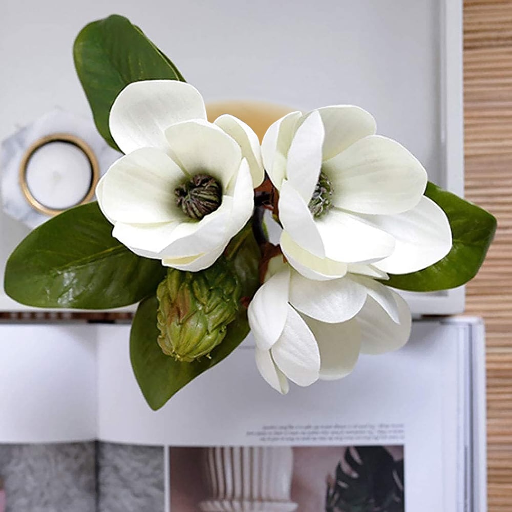 HMR - Fashionable Artificial Flowers in Vase Faux Magnolia Gold Glass Ball Vase Set