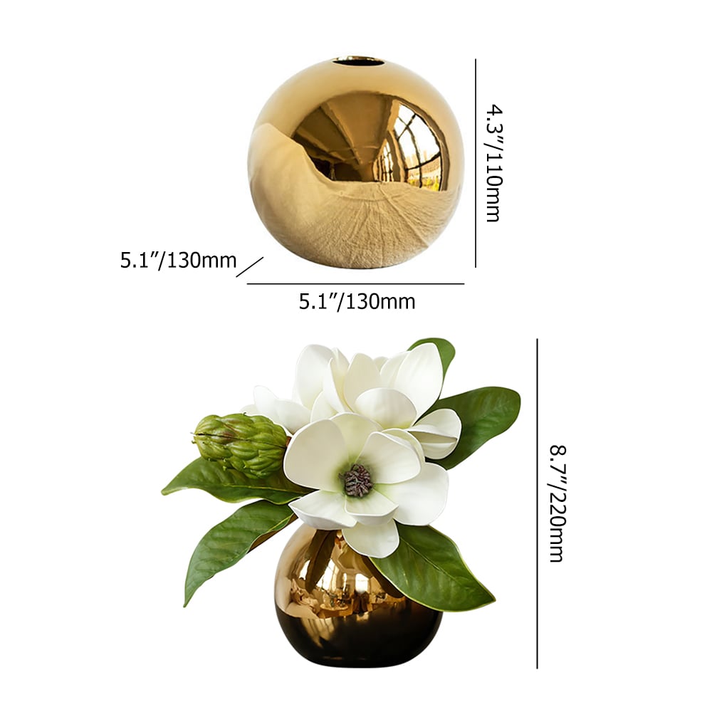 HMR - Fashionable Artificial Flowers in Vase Faux Magnolia Gold Glass Ball Vase Set