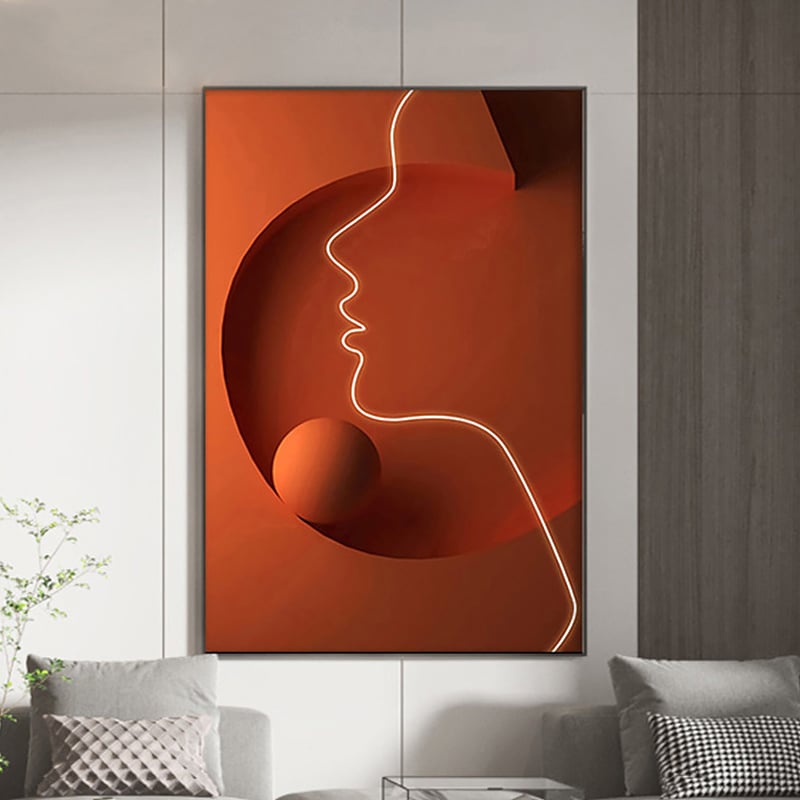 HMR - Modern Orange Abstract People Wall Decor Art Person with Frame Living Room