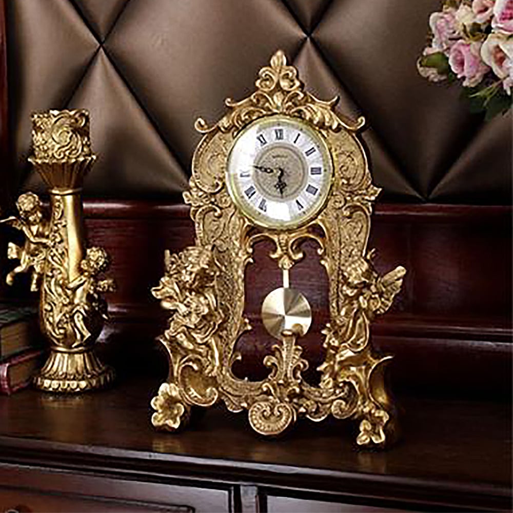 HMR - Traditional Vintage Gold Resin Angel Table Clock With Exquisitely Carved Pendulum Clock