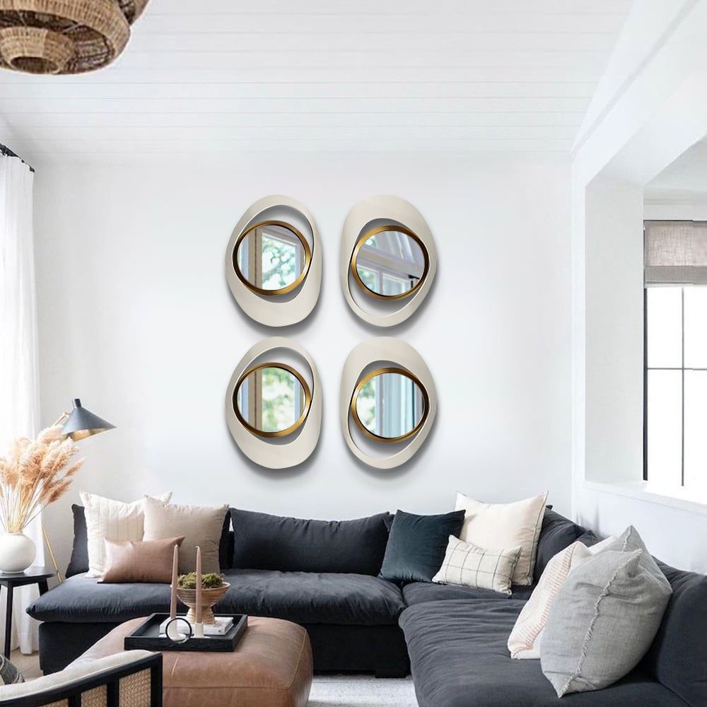 HMR - Modern 4-Piece 23.6" Large White & Gold Abstract Geometry Wall Mirror Decor Living Room