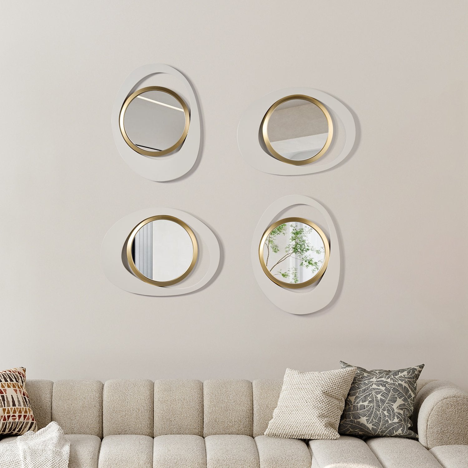 HMR - Modern 4-Piece 23.6" Large White & Gold Abstract Geometry Wall Mirror Decor Living Room