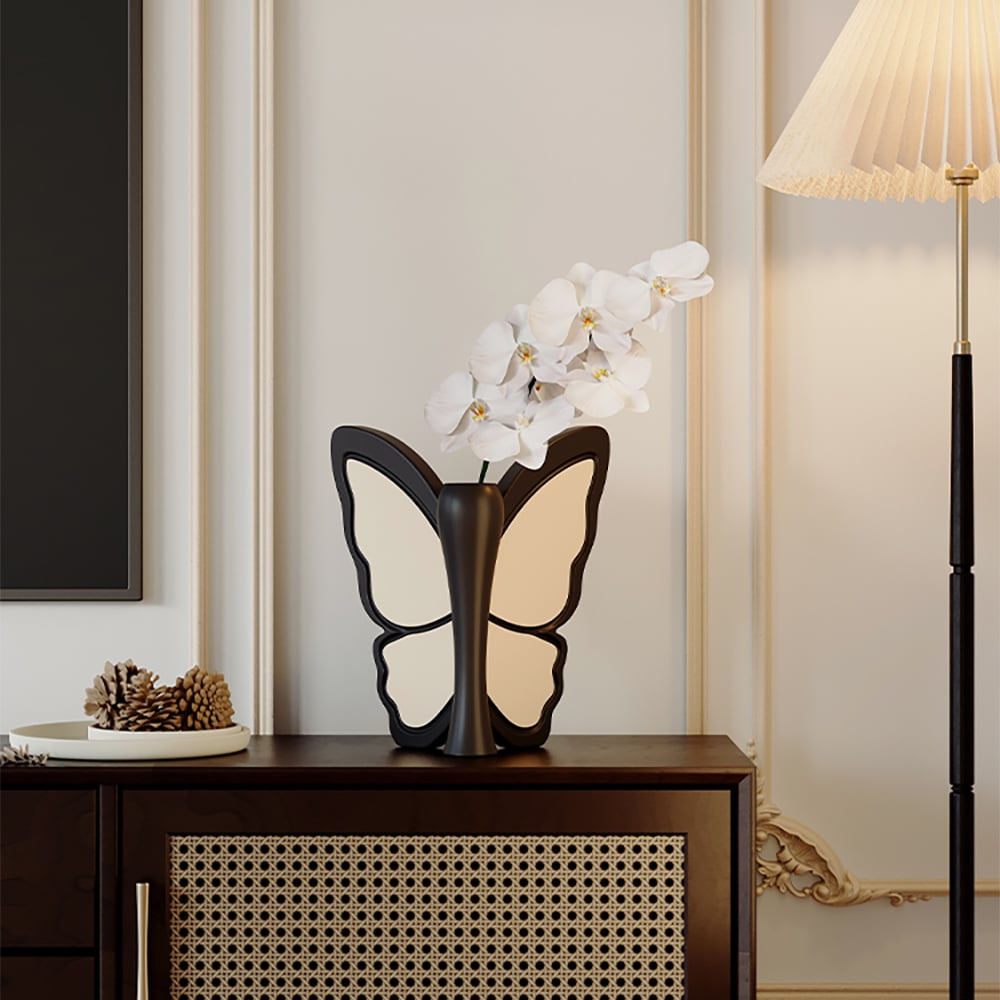 HMR - Artificial Flower White Orchids in Butterfly Vase Home Decor