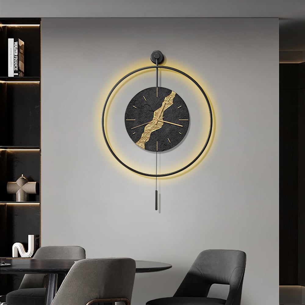 HMR - Black & Gold LED Light Pendulum Wall Clock Metal Wall Art Silent Wall Clock