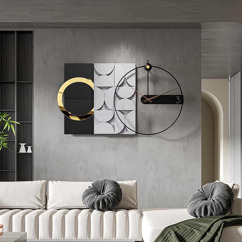 HMR - 30" Large Metal Geometric Wall Clock with Wood Pointer Modern Home Decor Black & Gray