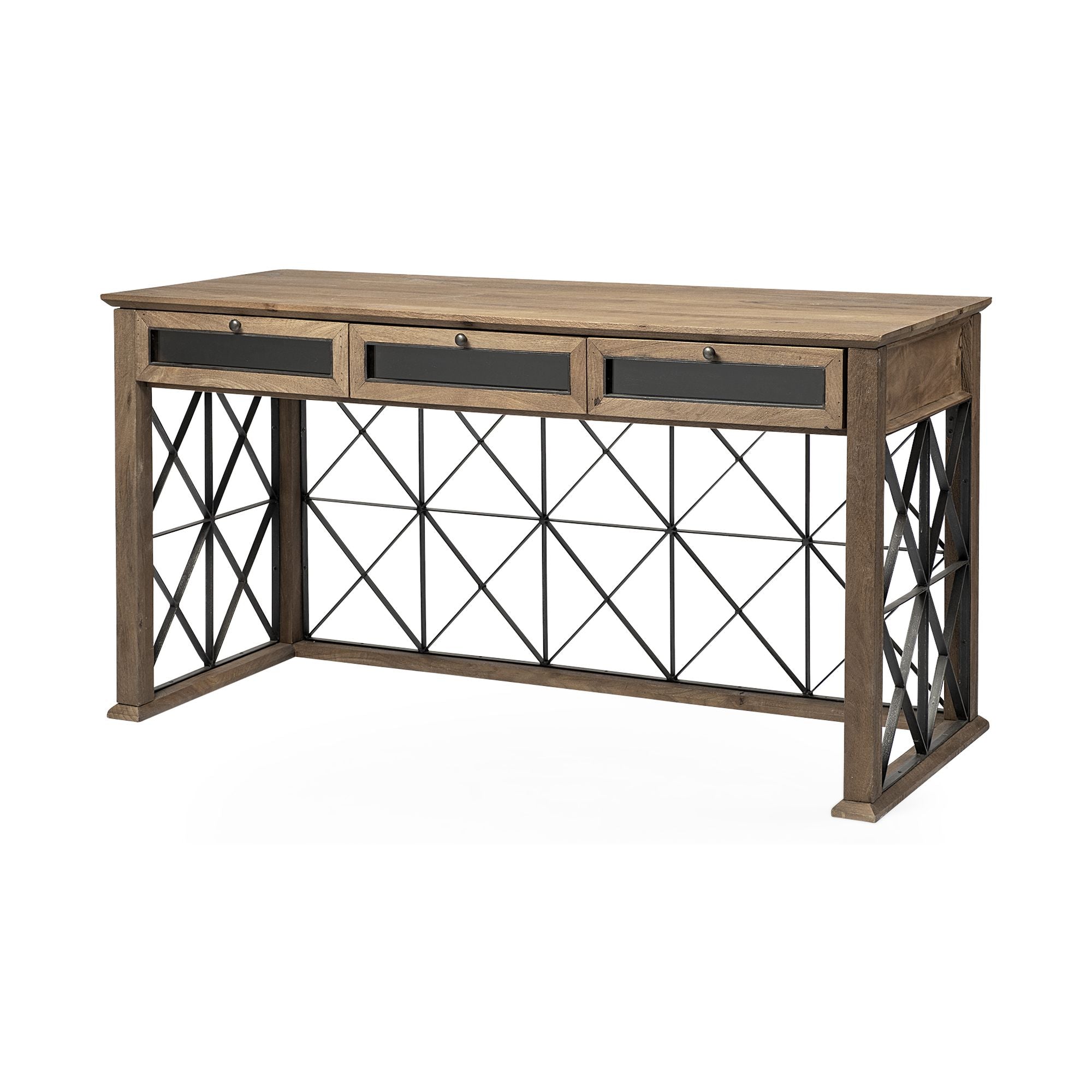 Mercana - Eldorado III Brown Wood Metal Cross-Hatch 3 Drawer Office Desk