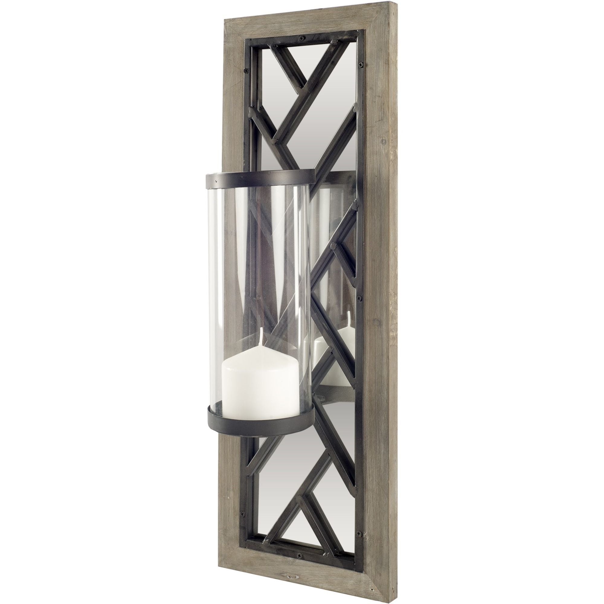 Mercana - Benji 24"H Brown Wood Frame Black Metal Accent Mirrored Wall Candle Holder