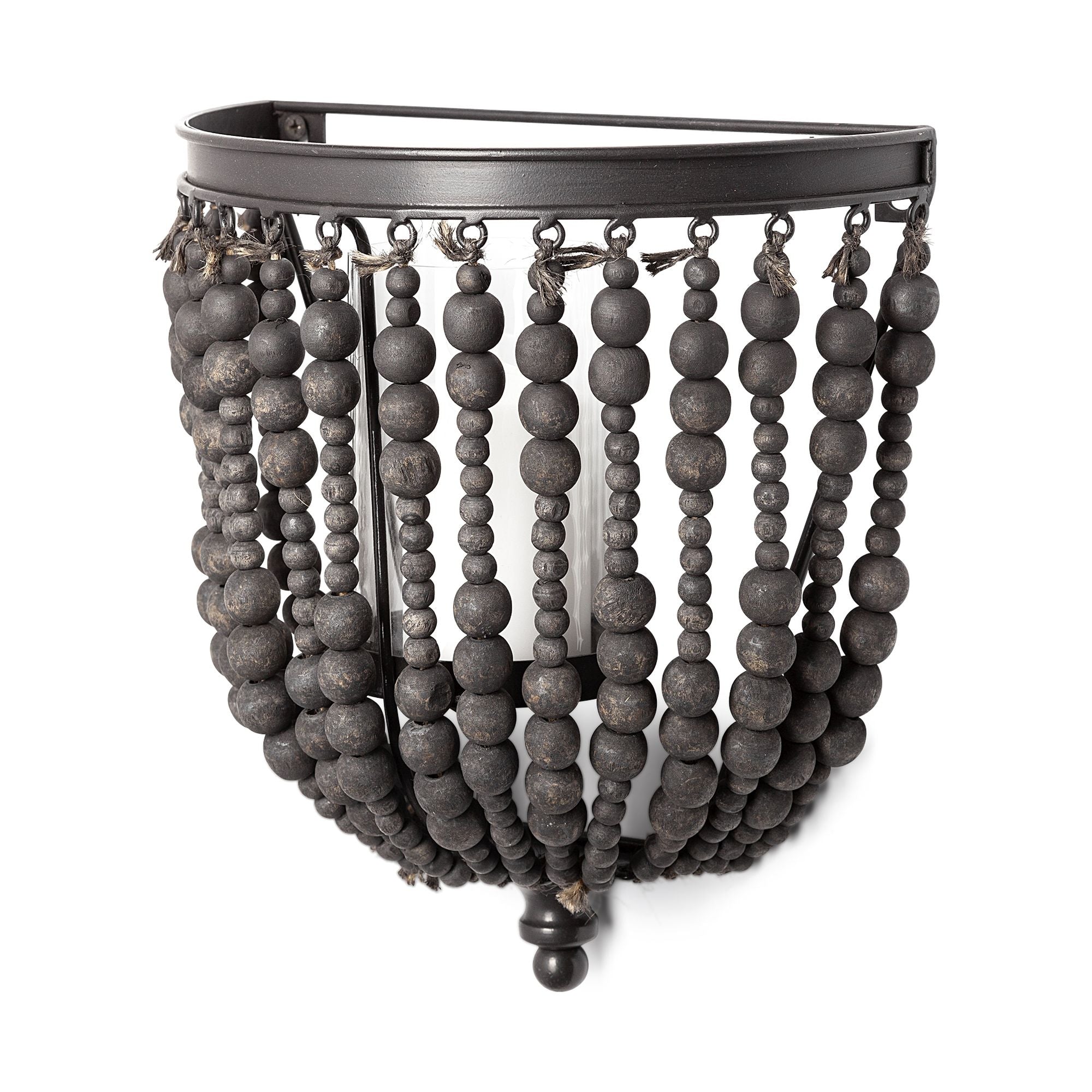 Mercana - Liam II 11"H Black Metal Frame with Wooden Beads Wall Candle Holder