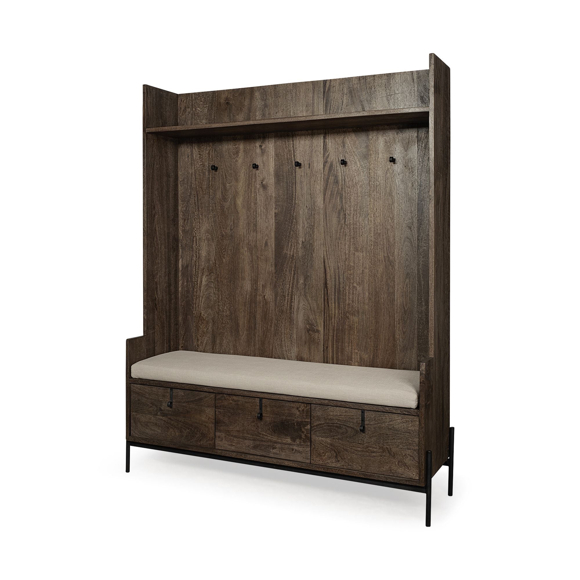 Mercana - Glenn V Dark Brown Wood with Cream Fabric Seat/3 Drawers Hall Tree