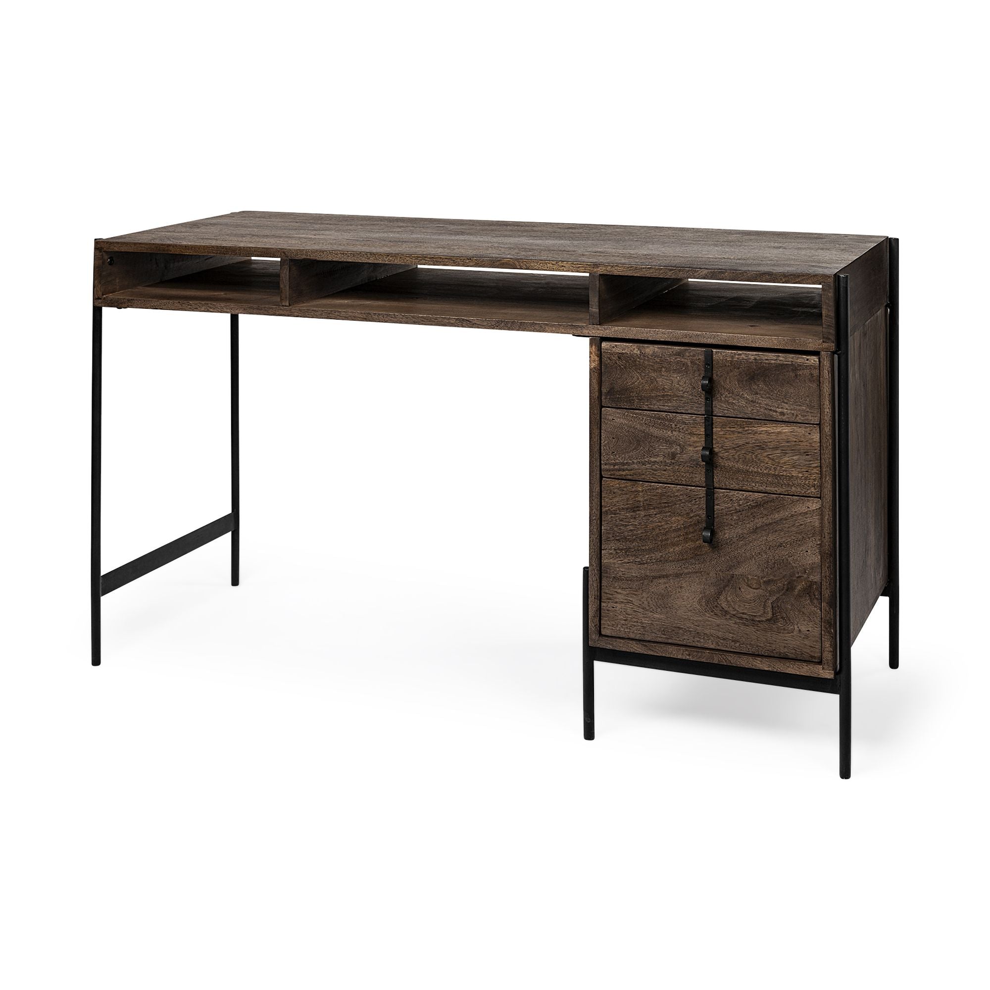 Mercana - Glenn VII Dark Brown Wood w/ Black Iron Frame/3 Drawer Office Desk