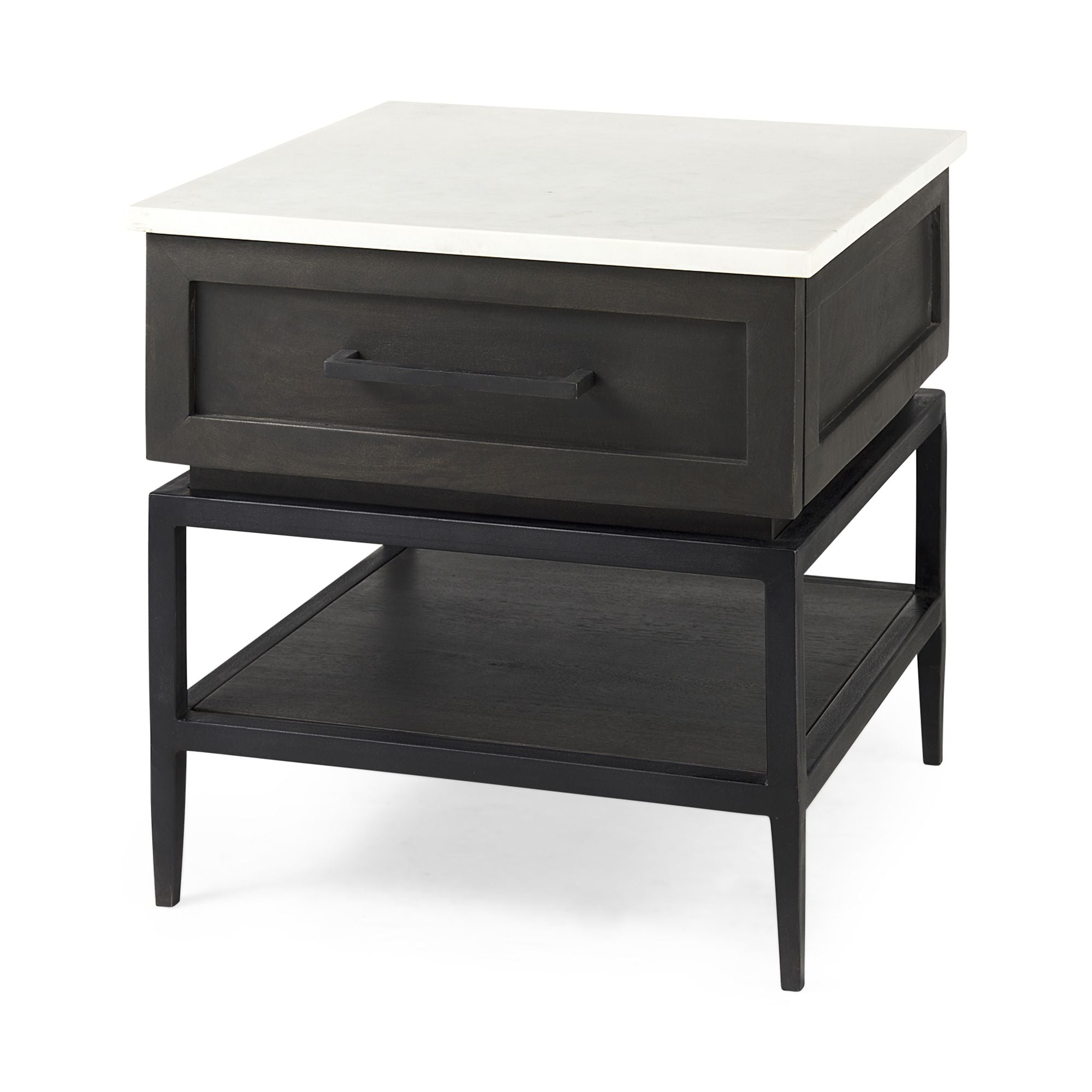 Mercana - Divina Black-Brown Wood with White Marble Top and Black Metal Base Side Table