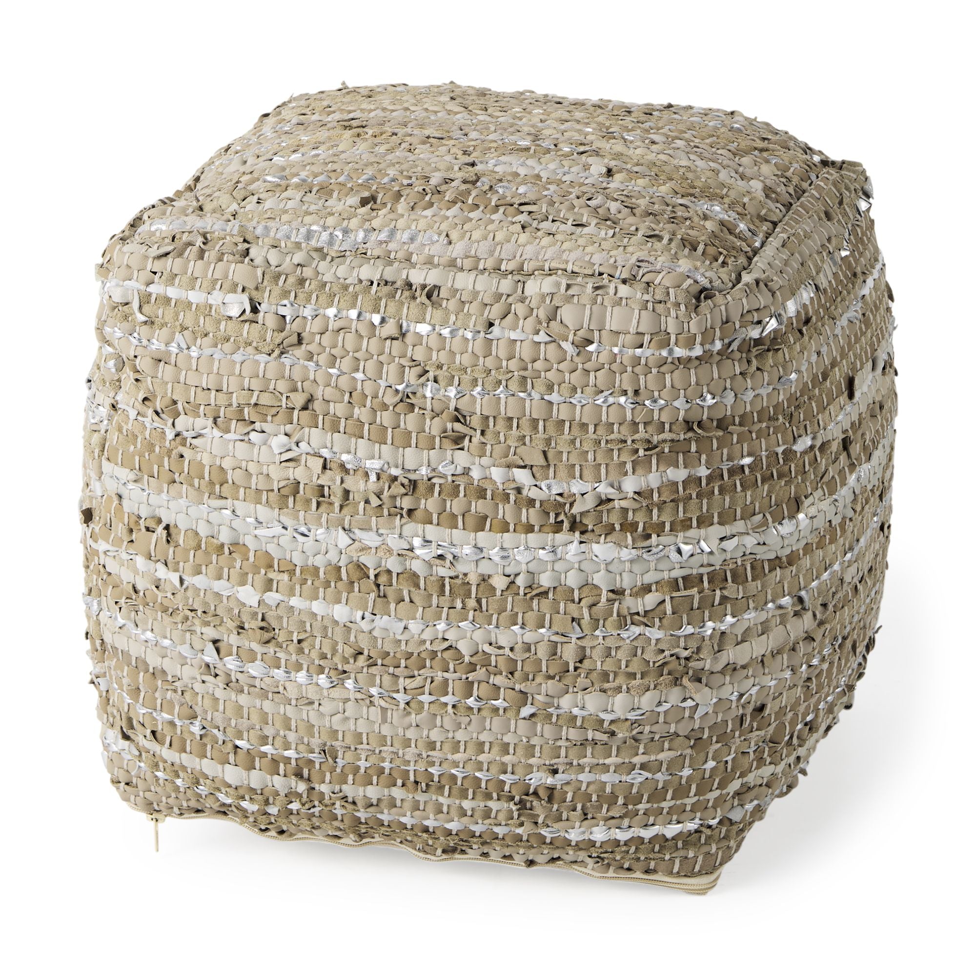 Mercana - Aadhya Taupe/Silver Leather and Cotton Pouf
