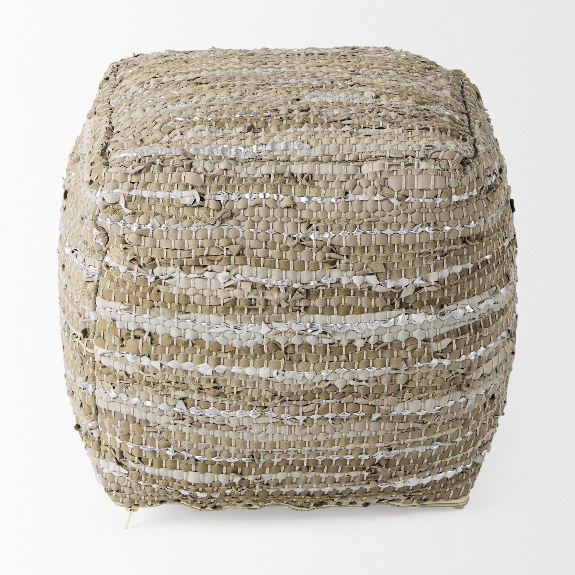 Mercana - Aadhya Taupe/Silver Leather and Cotton Pouf