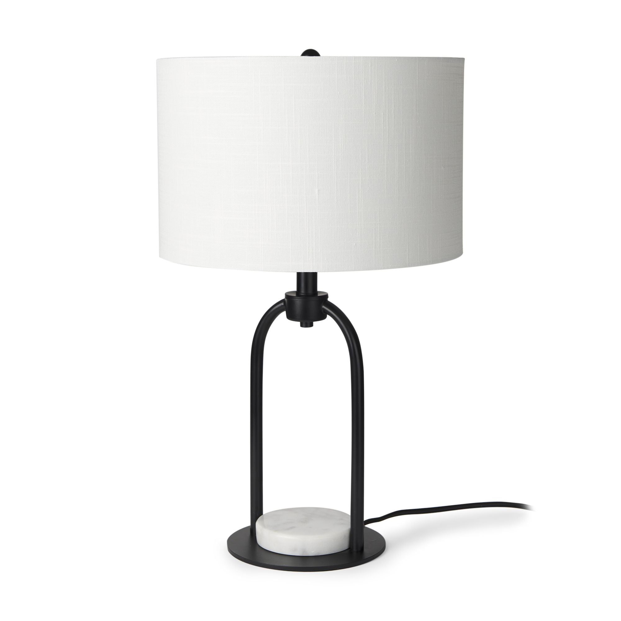 Mercana - Sarah Arched Black Metal with Marble Cube and White Shade Table Lamp