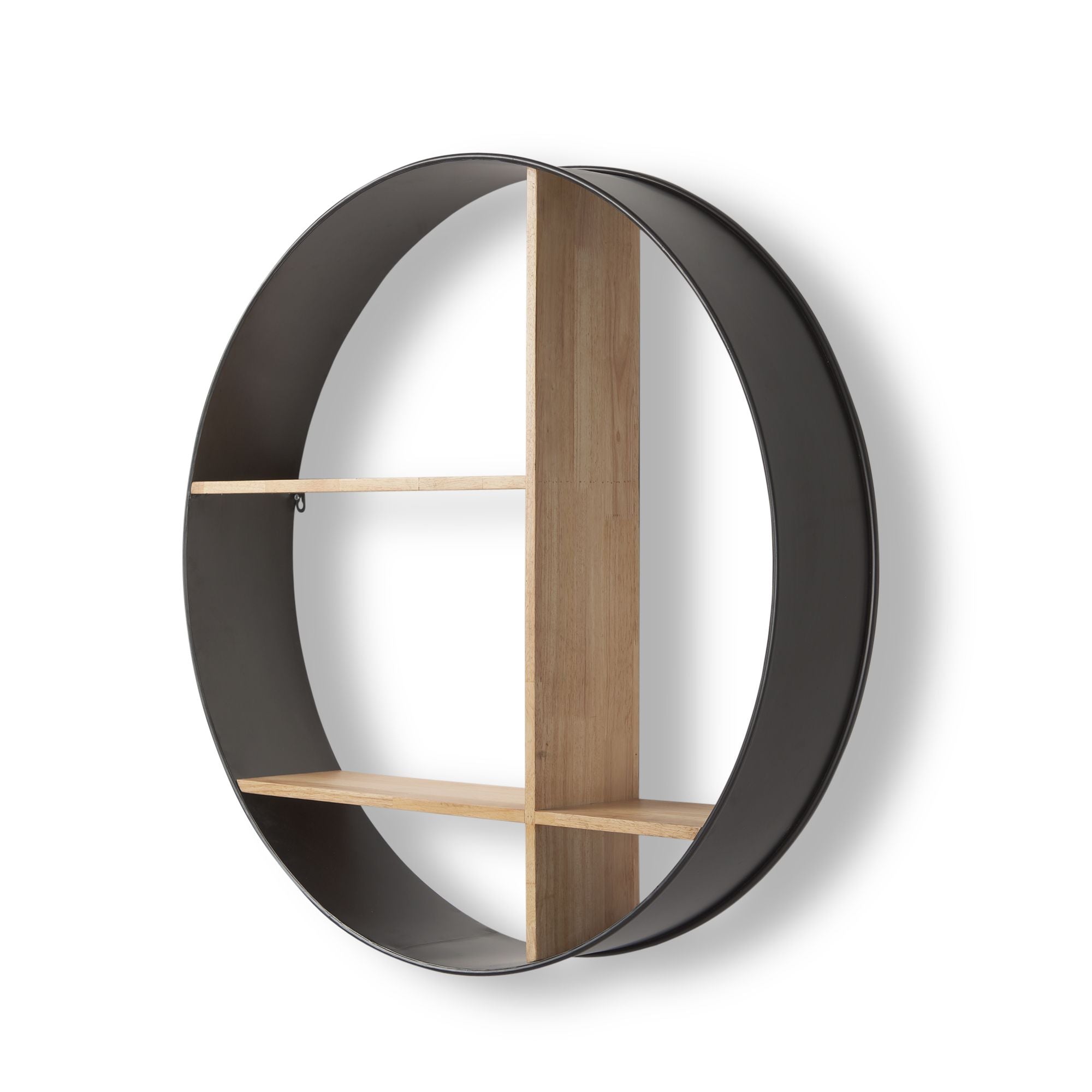 Mercana - Hector Brown Wood with Black Metal Round Wall Shelf