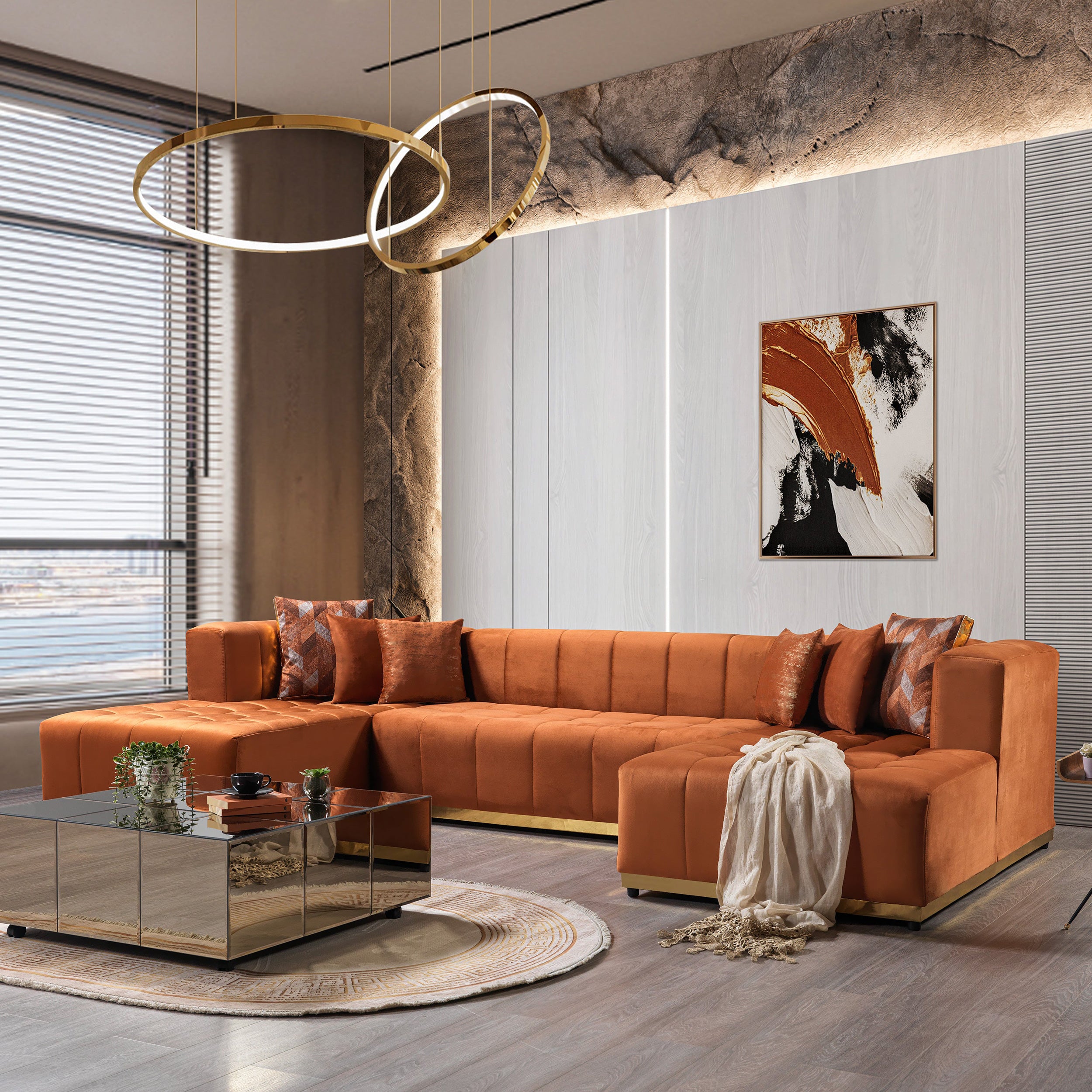 Nova - Elisha Orange Velvet Double Chaise 140" Sectional