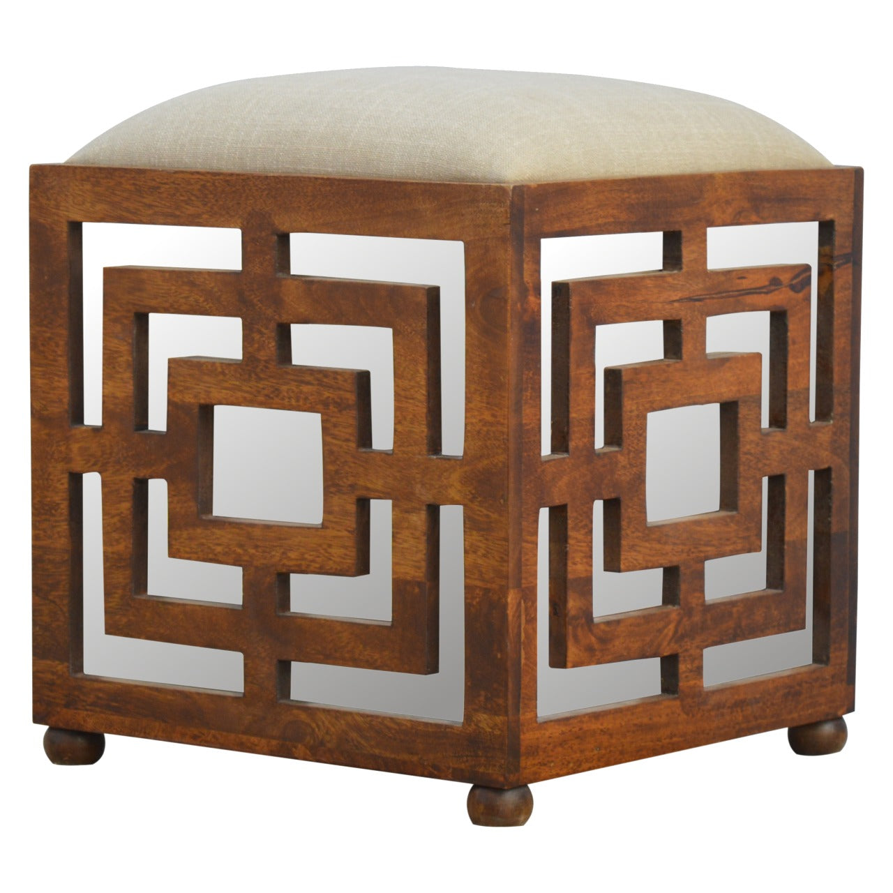 Artisan - Carved Footstool in Wood/Linen
