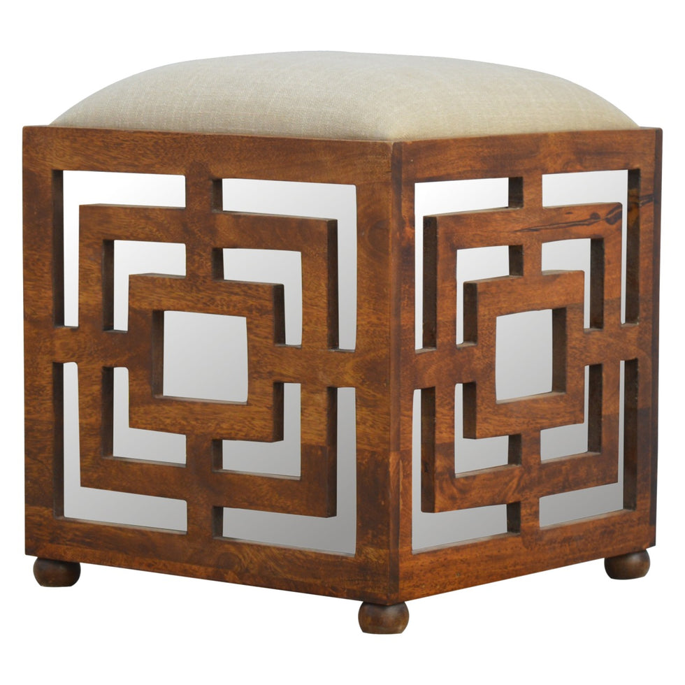 Artisan - Carved Footstool in Wood/Linen