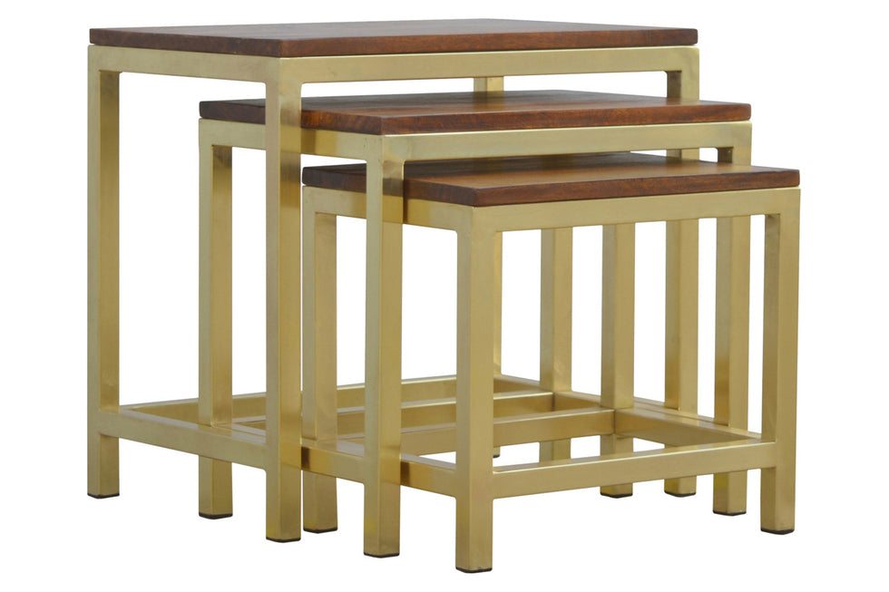 Artisan - Golden Stool Set of 3 with Chunky Wooden Top