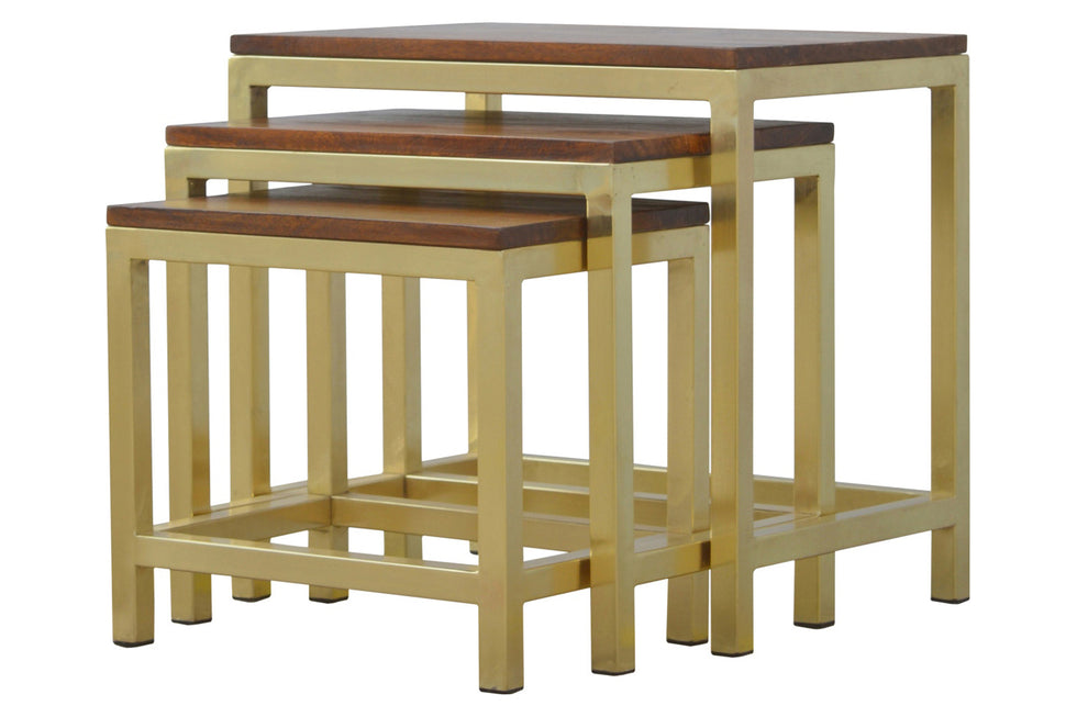 Artisan - Golden Stool Set of 3 with Chunky Wooden Top