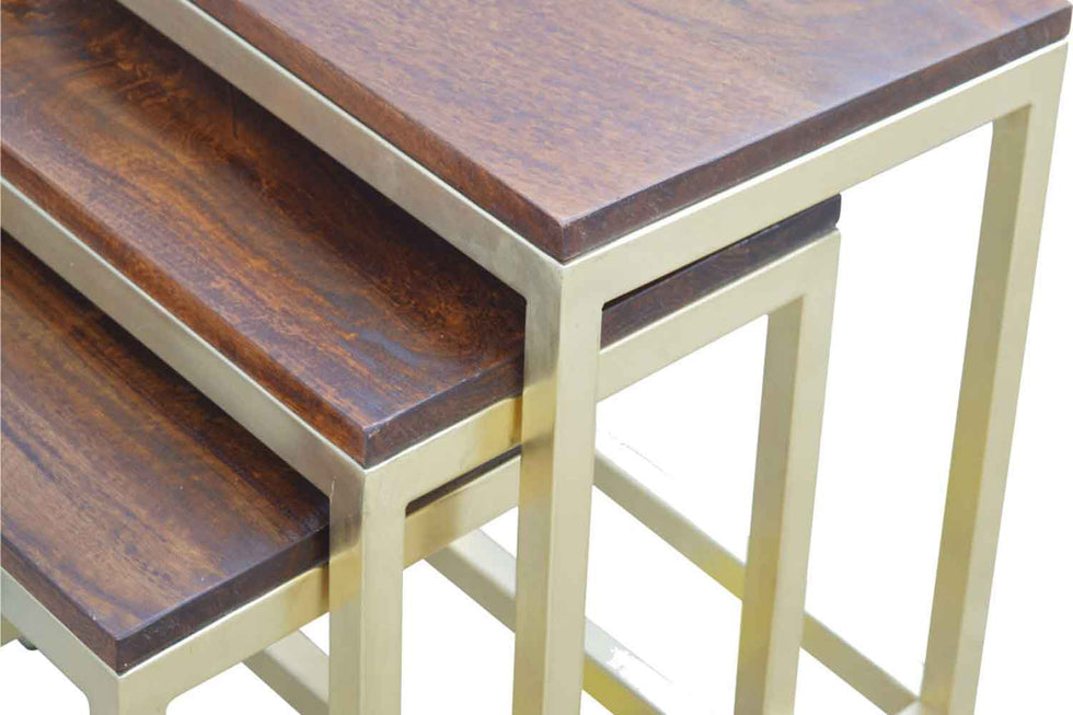 Artisan - Golden Stool Set of 3 with Chunky Wooden Top