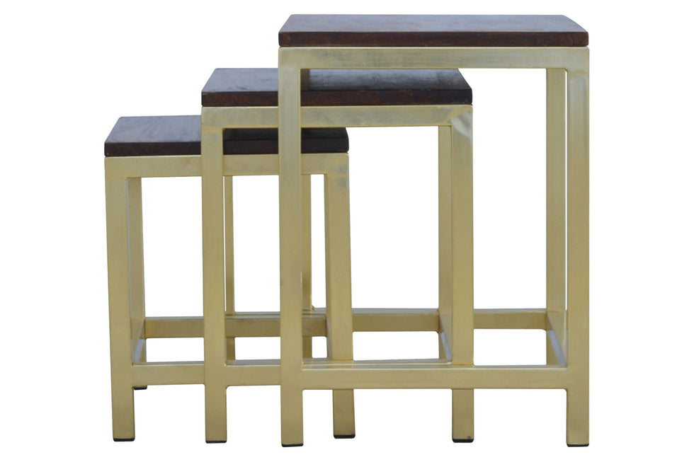 Artisan - Golden Stool Set of 3 with Chunky Wooden Top