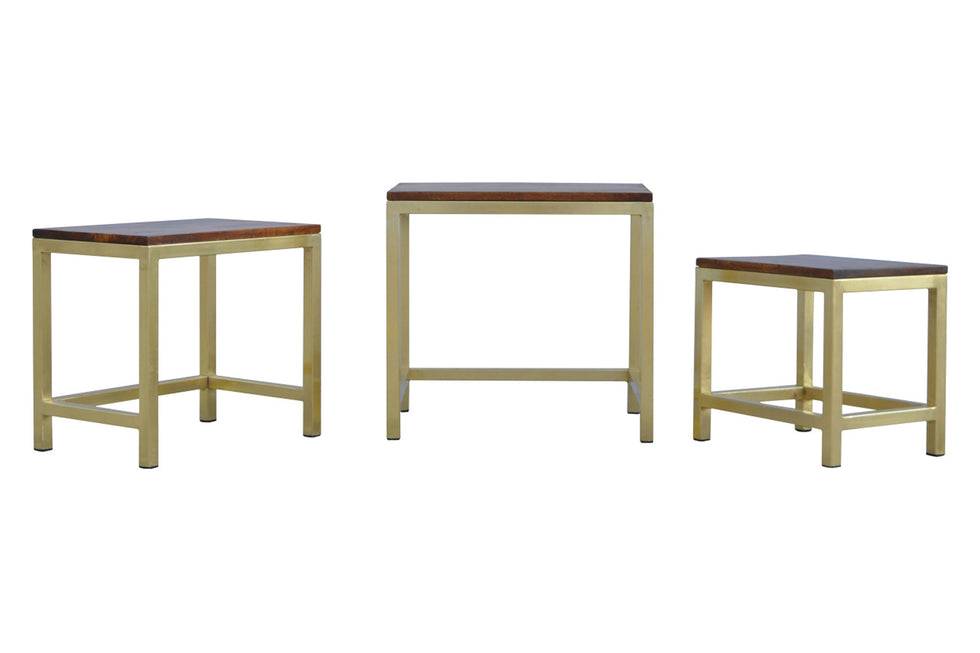 Artisan - Golden Stool Set of 3 with Chunky Wooden Top