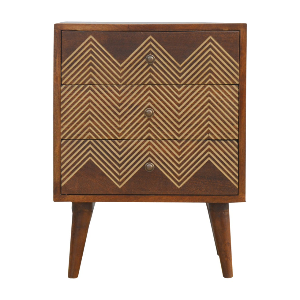 Artisan - Chevron Nightstand with 3 Drawer in Chestnut, Brass