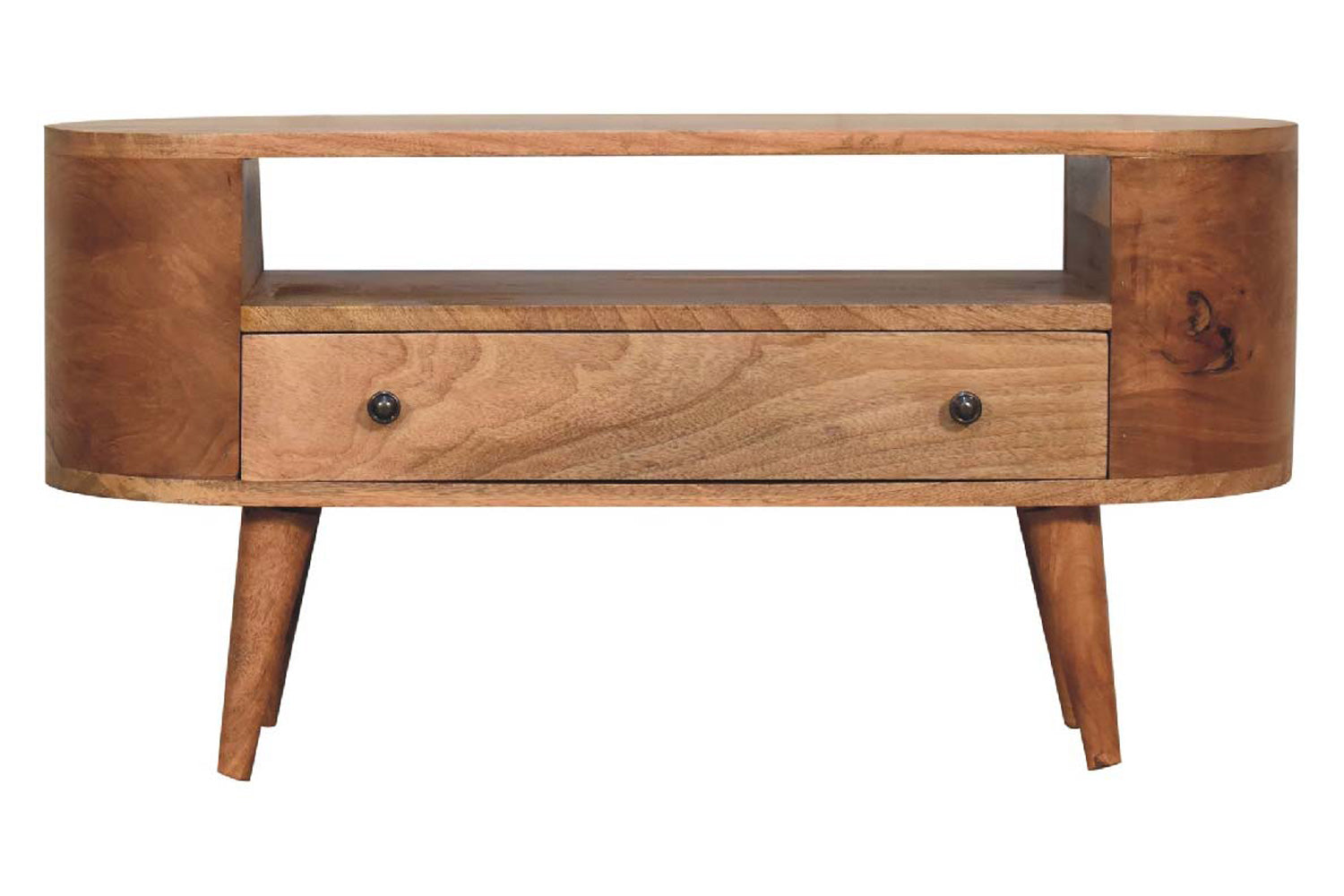 Artisan - Rounded Mini Entertainment Unit in Oak-ish, Open Shelf
