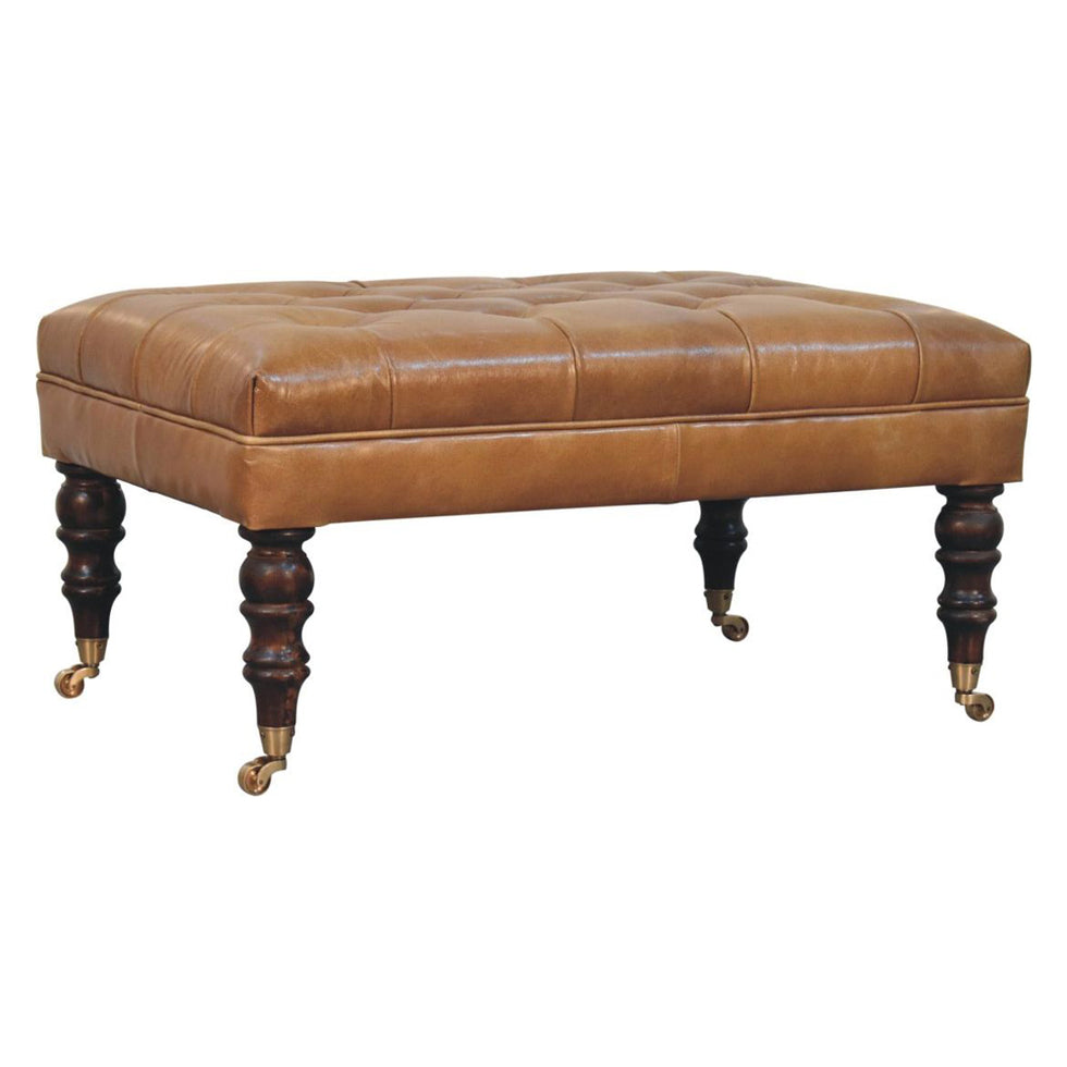 Artisan - California Walnut Buffalo Brown Leather Ottoman With Castor Legs