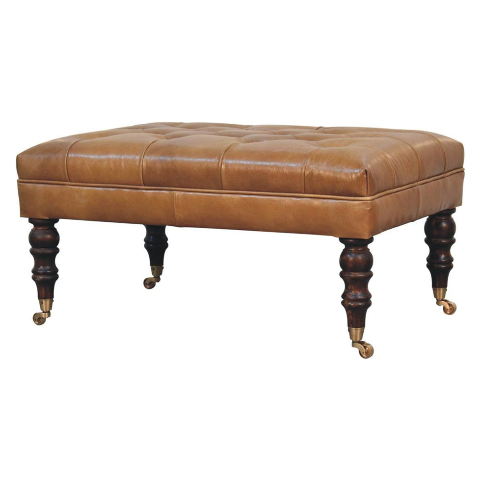 Artisan - California Walnut Buffalo Brown Leather Ottoman With Castor Legs