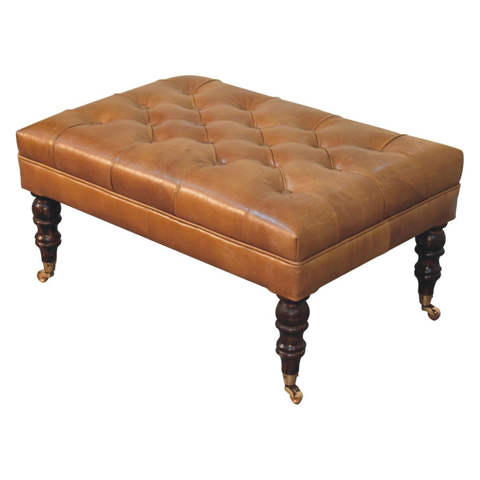 Artisan - California Walnut Buffalo Brown Leather Ottoman With Castor Legs