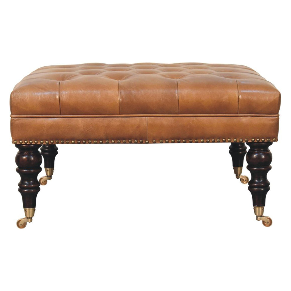 Artisan - Studded Buffalo Tan Leather Ottoman With Castor Legs