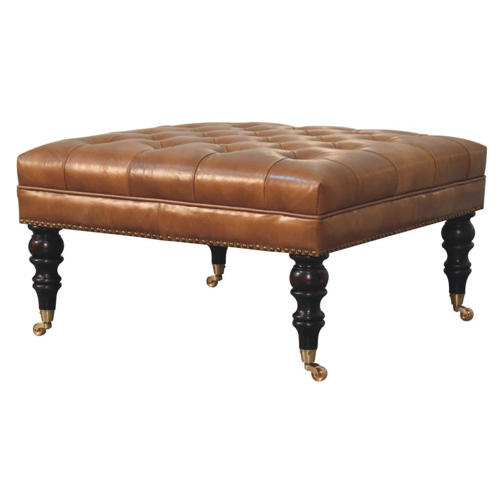 Artisan - Studded Buffalo Tan Leather Ottoman With Castor Legs