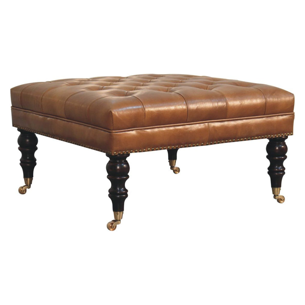 Artisan - Studded Buffalo Tan Leather Ottoman With Castor Legs