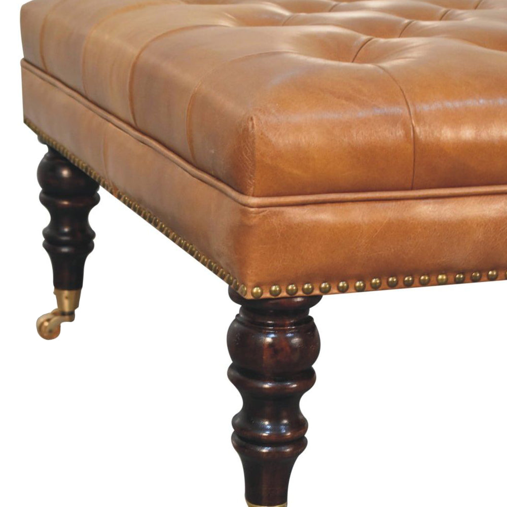 Artisan - Studded Buffalo Tan Leather Ottoman With Castor Legs