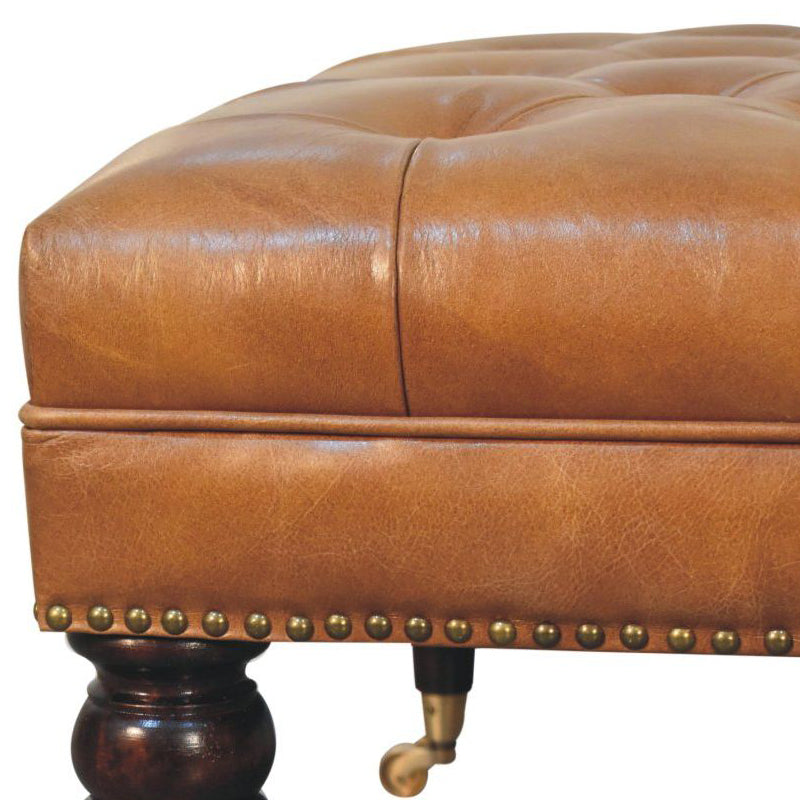 Artisan - Studded Buffalo Tan Leather Ottoman With Castor Legs