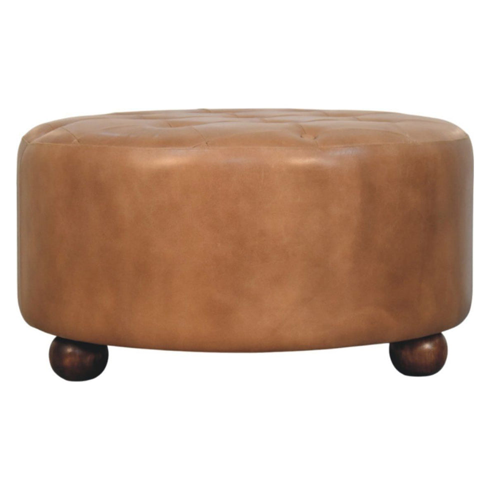 Artisan - Brown Buffalo Hide Leather Round Ottoman