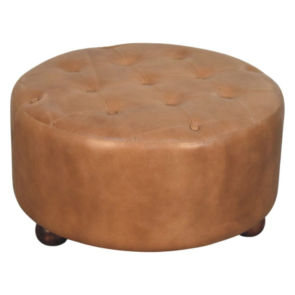 Artisan - Brown Buffalo Hide Leather Round Ottoman