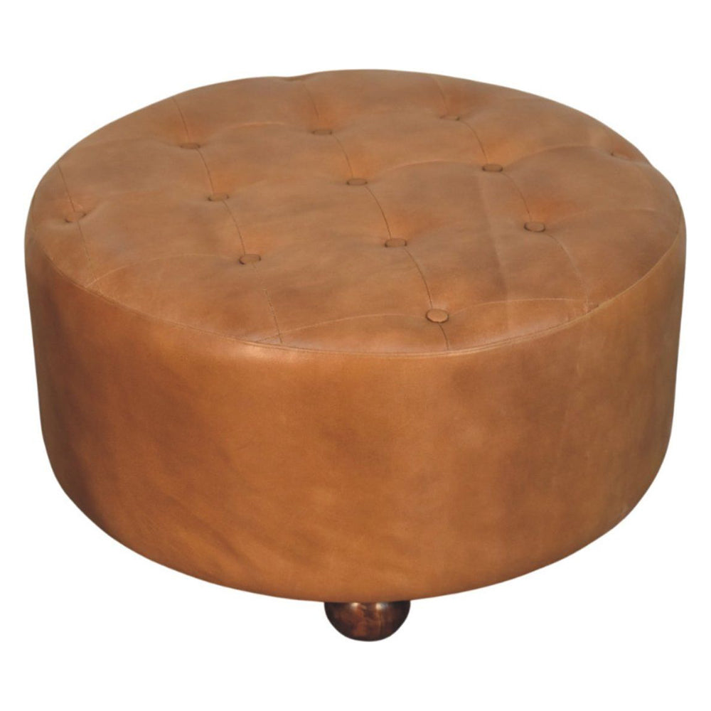 Artisan - Brown Buffalo Hide Leather Round Ottoman