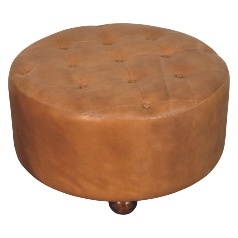 Artisan - Brown Buffalo Hide Leather Round Ottoman