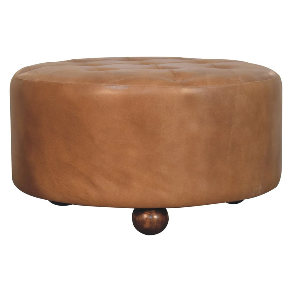 Artisan - Brown Buffalo Hide Leather Round Ottoman