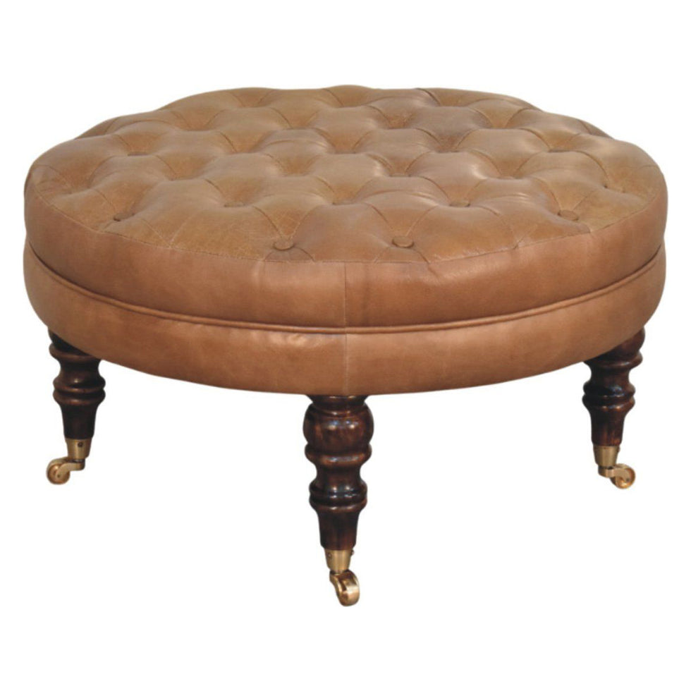 Artisan - Brown Buffalo Leather Round Ottoman With Castor Legs