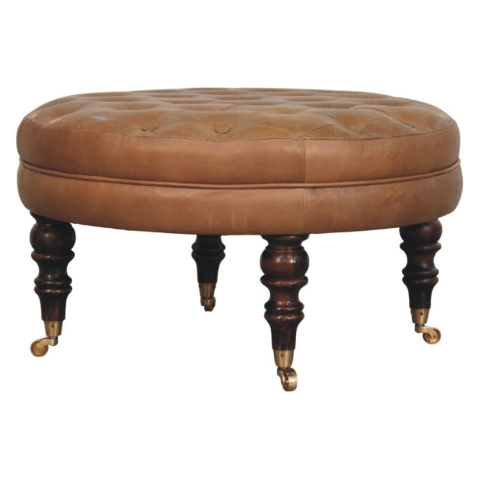Artisan - Brown Buffalo Leather Round Ottoman With Castor Legs