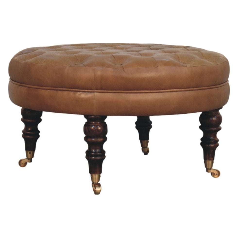 Artisan - Brown Buffalo Leather Round Ottoman With Castor Legs