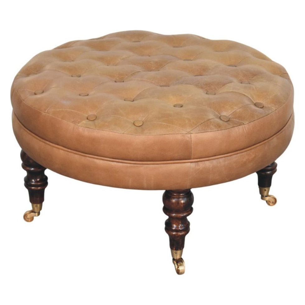 Artisan - Brown Buffalo Leather Round Ottoman With Castor Legs
